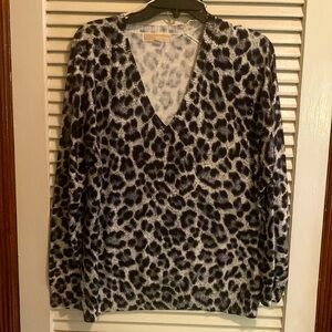 Michael Kors Animal Print Bedazzled V-Neck Sweater - Sz L